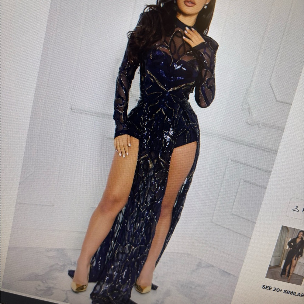 Fashion Nova Black and Gold Sequin Long Sleeve Dress